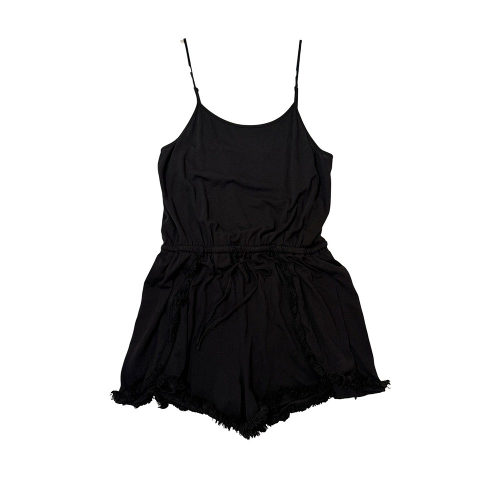 Lulus Black Fringe Trim Romper Small Sleeveless Drawstring Waist Tulip Shorts - Picture 2 of 5